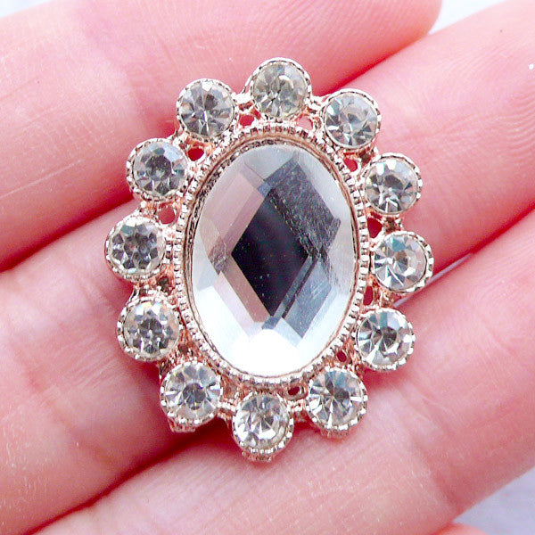 Oval Crystal Flatback Button | Sparkle Cabochon | Bling Bling Embellishment | Rhinestone Hairbow Center | Wedding Party Deco | Table Decoration | Decoden Supplies (1 piece / Clear / 20mm x 24mm)