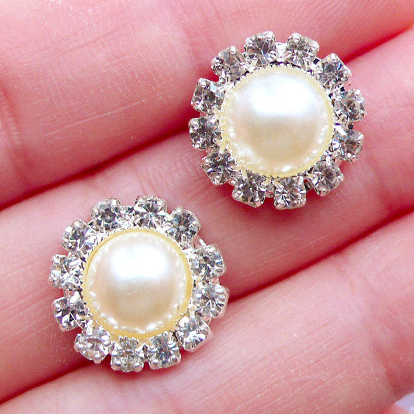 Flower Pearl Cabochons with Decorative Rhinestone Border | Crystal Floral Pearl | Small Hair Bow Center | Bling Bling Embellishments | Baby Hair Jewelry Making | Sparkle Metal Cabochon | Stud Earrings DIY (2pcs / Cream / 14mm)