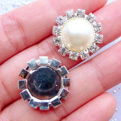 Crystal Pearl Cabochons | Rhinestone Floral Pearl with Decorative Border | Flower Hair Bow Center | Metal Embellishments | Sparkle Jewelry Supplies | Bling Bling Cabochon | DIY Stud Earrings (2pcs / Cream / 19mm)