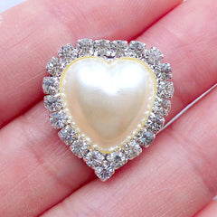 CLEARANCE Puffy Heart Pearl Cabochon with Decorative Crystal Border | Rhinestone Pearl Flatback | Bling Bling Decoration | Jewel Embellishment Center | Hair Bow Jewelry Supplies | Metal Decoden Piece (1 piece / Cream / 19mm x 21mm)