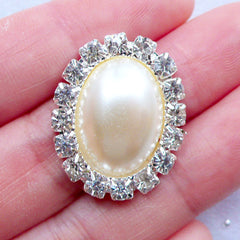 Oval Pearl Cabochon with Decorative Rhinestone Border | Crystal Pearl Flatback | Jewel Decoration | Embellishment Center | Hair Bow Jewellery Supplies | Bling Bling Decoden Phone Case (1 piece / Cream / 20mm x 26mm)