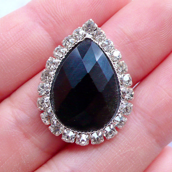 Teardrop Rhinestone Flatback Button | Tear Drop Crystal Cabochon with Decorative Border | Luxury Wedding Decoration | Bling Bling Decoden Supplies | Sparkle Hairbow Center | Jewel Embellishment (1 piece / Black / 19mm x 25mm)