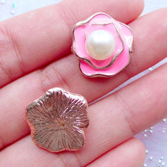 Rose Flower Enamel Cabochons with Pearl | Floral Embellishment | Decoden Piece | Card Decoration | Cell Phone Deco | Scrapbooking (2 pcs / Pink / 17mm x 17mm)