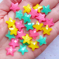 Faceted Star Cabochons | Jelly Star Flatback | Kawaii Decoden Cabochon | Tiny Mini Stars | Hairbow Centers | Cell Phone Deco | Scrapbook Embellishments (6pcs by Random / 12mm x 12mm / Flat Back)