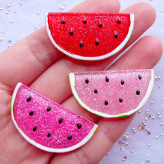 Watermelon Cabochons with Glitter | Glittery Fruit Cabochon | Shimmer Resin Cabochons | Phone Case Decoration | Decoden Pieces | Kawaii Craft Supplies (2pcs by Random / 37mm x 20mm / Flat Back)