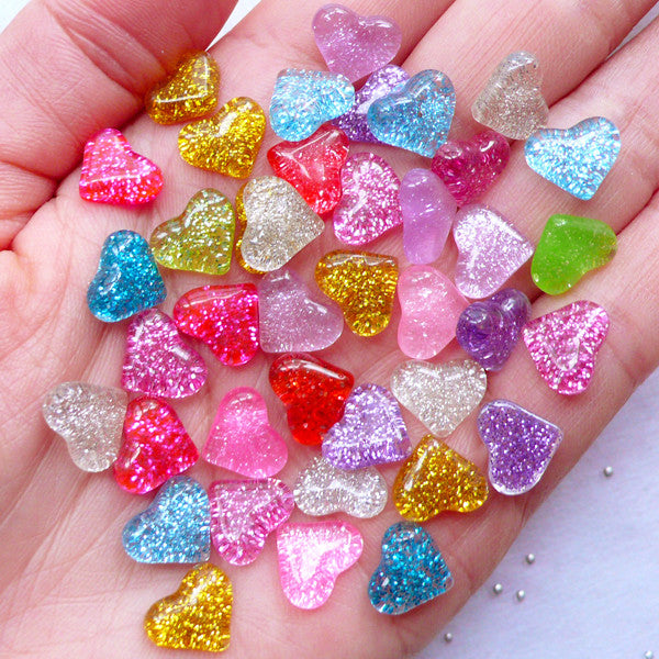 Mini Glittery Heart Cabochons Tiny Resin Heart Flatback with