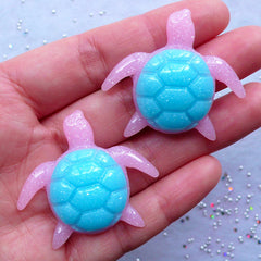 Sea Turtle Cabochon | Ocean Animal Cabochons | Marine Life Embellishments | Glittery Mermaid Decoden | Beach Party Decoration | Kawaii Supplies (2pcs / 40mm x 36mm)