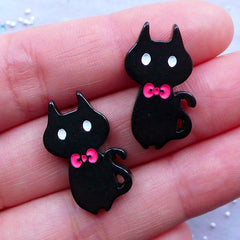 Black Cat Cabochons | Kitty with Bow Cabochon | Kawaii Animal Cabochon | Kitten Jewelry | Resin Decoden Pieces | Cute Embellishments (2pcs / Black / 14mm x 23mm)