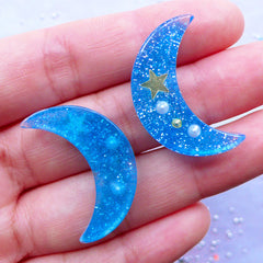 CLEARANCE Magical Moon Cabochon with Glitter & Tiny Embellishments | Kawaii Decoden | Mahou Kei Phone Case Deco | Resin Flatback (2pcs / Blue / 18mm x 28mm)