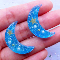CLEARANCE Magical Moon Cabochon with Glitter & Tiny Embellishments | Kawaii Decoden | Mahou Kei Phone Case Deco | Resin Flatback (2pcs / Blue / 18mm x 28mm)