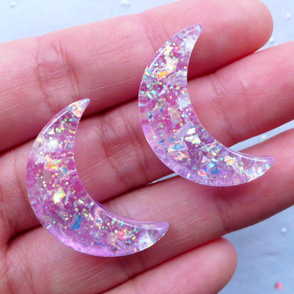 Confetti Moon Cabochons | Glittery Crescent Moon Flatback | Magical Girl Decoden | Fairy Kei Jewellery | Kawaii Resin Pieces (2pcs / Purple / 18mm x 28mm)