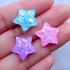 Magical Star Cabochons with Holographic Glitter Flakes | Iridescent Confetti Star Flatback | Kawaii Cabochons | Decoden Supplies (3pcs / Mix / 17mm x 16mm)