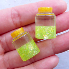 Miniature Fairy Bottle with Glitter | Wishing Jar with Magic Dust | Glittery Resin Cabochon | Kawaii Jewellery DIY | Decoden Supplies (2pcs / Lime Yellow / 3D / 14mm x 21mm)