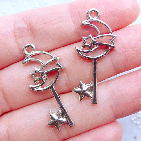 CLEARANCE Small Magic Wand Open Bezel with Moon and Shooting Star | Mahou Kei Resin Jewelry Making | Kawaii Deco Frame for UV Resin Filling (2 pcs / Silver / 14mm x 32mm)