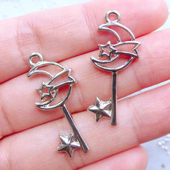 CLEARANCE Small Magic Wand Open Bezel with Moon and Shooting Star | Mahou Kei Resin Jewelry Making | Kawaii Deco Frame for UV Resin Filling (2 pcs / Silver / 14mm x 32mm)