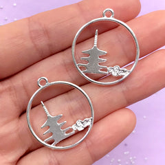 Pagoda Circle Open Bezel Charm | Oriental Temple Pendant | Round Deco Frame | UV Resin Jewelry Making (2 pcs / Silver / 25mm x 28mm)