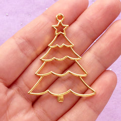 Christmas Tree Open Bezel | Hollow Charm for UV Resin Filling | Kawaii Christmas Ornament Making (1 piece / Gold / 34mm x 44mm)