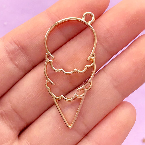 Double Scoop Ice Cream Open Bezel for UV Resin Filling | Kawaii Craft Supplies | Cute Resin Jewelry Making (1 piece / Gold / 19mm x 42mm)