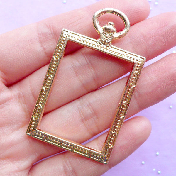 Rectangular Deco Frame for UV Resin Crafts | Rectangle Pocket Watch Pendant | Kawaii Open Back Bezel Charm (1 piece / Gold / 32mm x 53mm / 2 Sided)