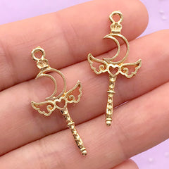 Mini Winged Moon Magic Wand Open Back Bezel Charm | Kawaii UV Resin Craft Supplies | Magical Girl Accessories Making (2 pcs / Gold / 14mm x 30mm)