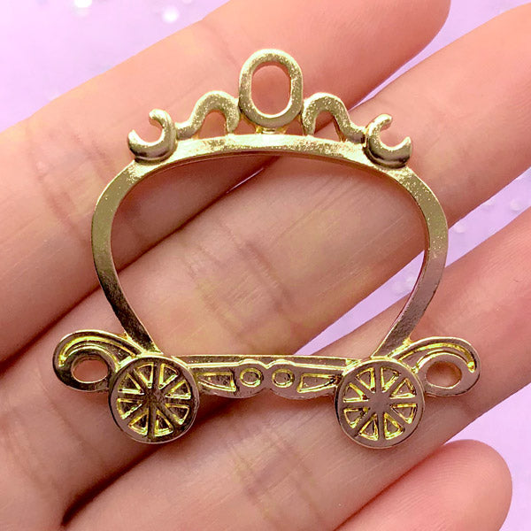 Pumpkin Carriage Open Back Bezel Charm | Pumpkin Coach Pendant | Cinderella Jewelry Making | Hollow Deco Frame for Kawaii UV Resin Filling (1 piece / Gold / 40mm x 37mm)