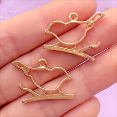 Bird on a Branch Open Bezel Charm | Cute Deco Frame for UV Resin Filling | Outlined Animal Pendant (2 pcs / Gold / 23mm x 20mm)