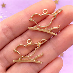 Bird on a Branch Open Bezel Charm | Cute Deco Frame for UV Resin Filling | Outlined Animal Pendant (2 pcs / Gold / 23mm x 20mm)