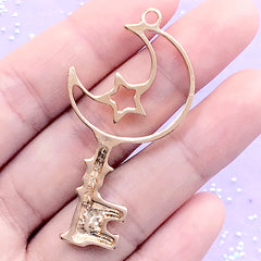 Mahou Kei Moon and Star Key Open Back Bezel Pendant | Magical Girl Wand Charm | Kawaii Jewellery Supplies | UV Resin Crafts (1 piece / Gold / 27mm x 52mm)