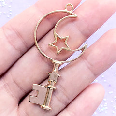 Mahou Kei Moon and Star Key Open Back Bezel Pendant | Magical Girl Wand Charm | Kawaii Jewellery Supplies | UV Resin Crafts (1 piece / Gold / 27mm x 52mm)