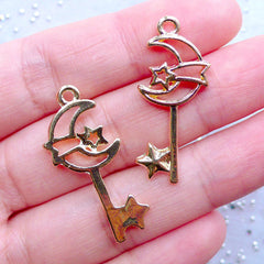 Moon Magic Wand with Shooting Star Open Bezel Charm | Kawaii UV Resin Jewelry Supplies | Magical Girl Key Deco Frame for Resin Filling (2 pcs / Gold / 14mm x 32mm)