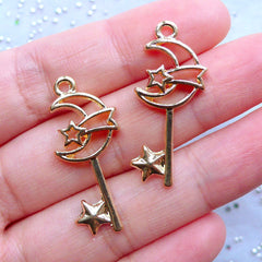 Moon Magic Wand with Shooting Star Open Bezel Charm | Kawaii UV Resin Jewelry Supplies | Magical Girl Key Deco Frame for Resin Filling (2 pcs / Gold / 14mm x 32mm)