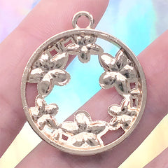 Plum Blossom Circle Open Back Bezel | Openwork Flower Charm | Round Floral Deco Frame | UV Resin Supplies (1 piece / Gold / 29mm x 34mm)