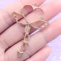 Mahou Kei Wand Open Backed Bezel Charm for UV Resin Filling | Winged Heart Arrow Pendant | Magical Girl Jewelry Making | Kawaii Craft Supplies (1 piece / Gold / 35mm x 52mm)