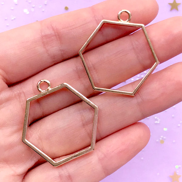 Hexagon Open Bezel for UV Resin Jewelry Making | Geometric Charm | Geometry Outline Pendant (2 Pcs / Gold / 29mm x 31mm / 2 Sided)