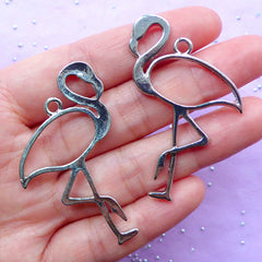 Flamingo Open Bezel | Kawaii UV Resin Jewellery Making | Bird Charms | Animal Pendant (2 pcs / Silver / 34mm x 50mm)