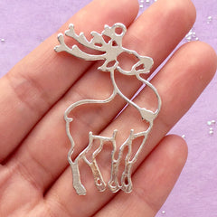 Reindeer Open Back Bezel for UV Resin Filling | Forest Animal Charm | Hollow Deer Pendant | Kawaii Christmas Jewelry Supplies (1 piece / Silver / 30mm x 49mm)