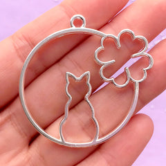 Kitty and Four Leaf Clover Open Back Bezel Charm | Cat Deco Frame | Kawaii UV Resin Supplies (1 piece / Silver / 44mm x 43mm / 2 Sided)