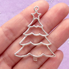 Christmas Tree Open Back Bezel Pendant | Christmas Ornament DIY | Kawaii Deco Drame for UV Resin Art (1 piece / Silver / 37mm x 46mm)