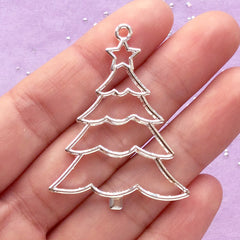 Christmas Tree Open Back Bezel Pendant | Christmas Ornament DIY | Kawaii Deco Drame for UV Resin Art (1 piece / Silver / 37mm x 46mm)
