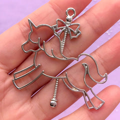 Unicorn Carousel Open Bezel Charm for UV Resin | Merry Go Round Pendant | Fairy Kei Deco Frame (1 piece / Silver / 48mm x 51mm)