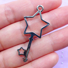 Star Wand Open Back Bezel Pendant | Magical Girl Star Key Charm | Kawaii Jewelry Making | UV Resin Crafts (1 piece / Silver / 19mm x 42mm)