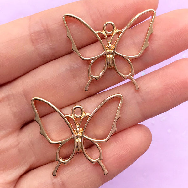 Butterfly Open Backed Bezel Charm | UV Resin Jewellery Supplies | Insect Deco Frame for Resin Filling (2 pcs / Gold / 30mm x 26mm)