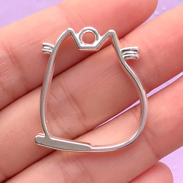 Fatty Cat Open Bezel Pendant | Fat Kitty Charm | Deco Frame for UV Resin Filling | Kawaii Craft Supplies (1 piece / Silver / 26mm x 29mm / 2 Sided)