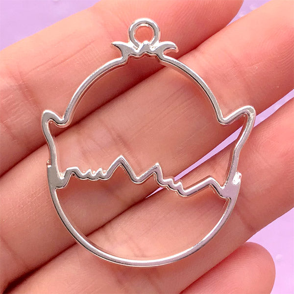 Easter Chick Open Bezel Charm | Chicken and Egg Pendant | Festival Deco Frame for UV Resin Filling (1 piece / Silver / 33mm x 38mm / 2 Sided)