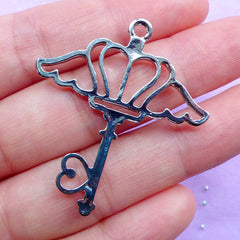 Crown with Angel Wing Key Charm | Mahou Kei Open Bezel | Kawaii Pendant | UV Resin Jewelry Supplies (1 piece / Silver / 36mm x 41mm)