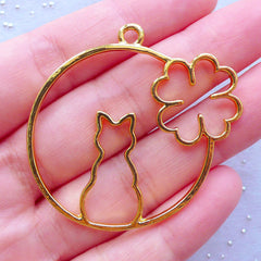 Cat and Four Leaf Clover Open Bezel Charm | Open Back Frame for UV Resin Filling | Kawaii Animal Pendant (1 piece / Gold / 44mm x 43mm)