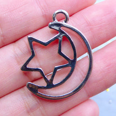 Magical Girl Moon and Star Open Back Bezel | Mahou Kei Pendant | Kawaii Charm | Cute Deco Frame for UV Resin Crafts (1 piece / Silver / 23mm x 30mm)
