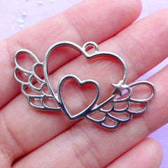 Magical Winged Heart Open Bezel Charm | Double Heart with Angel Wing Pendant | Kawaii UV Resin Crafts (1 piece / Silver / 41mm x 23mm)