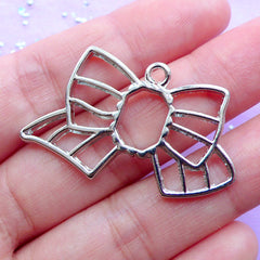 Open Back Bezel for UV Resin Filling | Striped Ribbon Charm | Kawaii Jewelry DIY (1 piece / Silver / 39mm x 23mm)