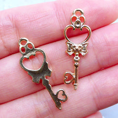 Mini Heart Key Open Bezel | Tiny Magical Wand Charm | Mahou Kei Jewelry Making | Kawaii Craft Supplies (2pcs / Gold / 10mm x 28mm)